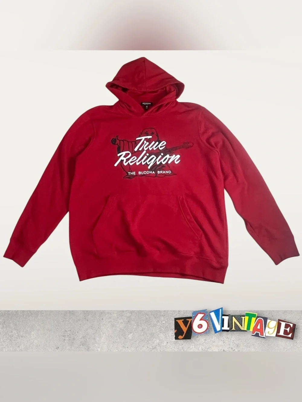 Large True Religion Red Pullover Hoodie with White Logo